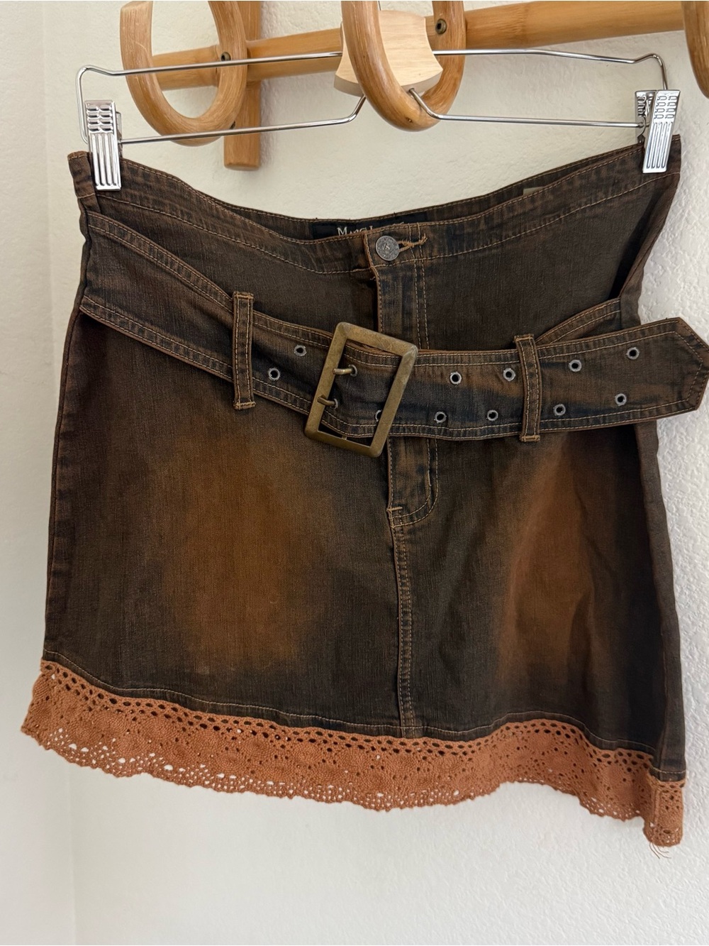 Marc Lauge vintage Y2K brown denim asymmetrical belt mini skirt lace crochet